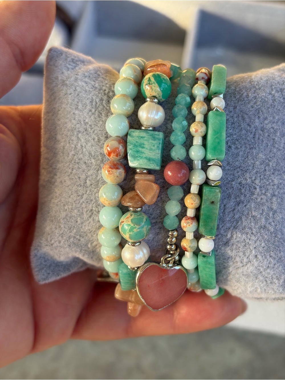 Hand Crafted Green and Peach Multi-Strand Beaded Bracelet Set with Heart Charm